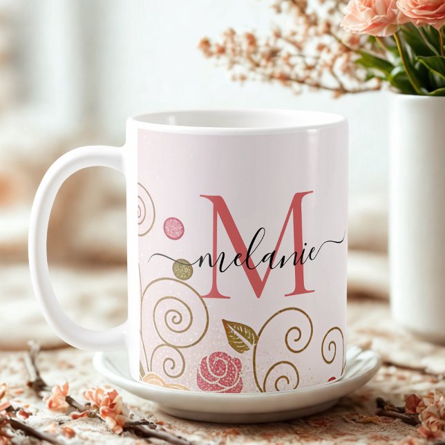 Caneca De Café Script de Monograma Dourado de Glitter Elegante Mo (Criador carregado)