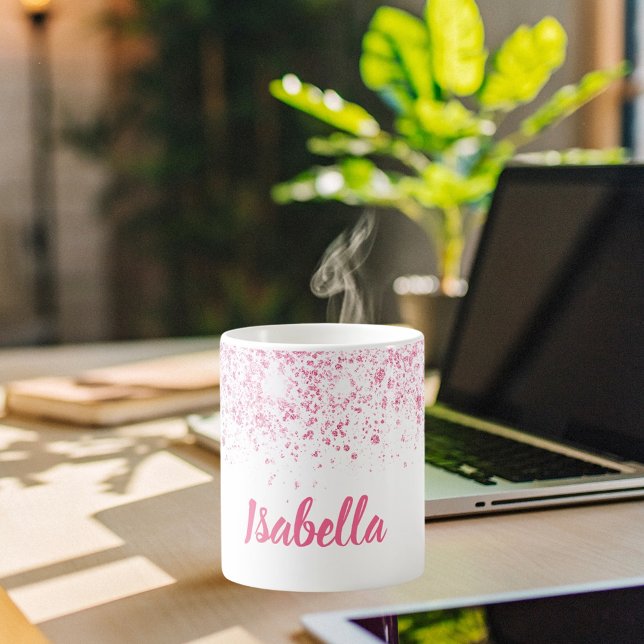 Caneca De Café Script de nome da brilha rosa branca (Criador carregado)