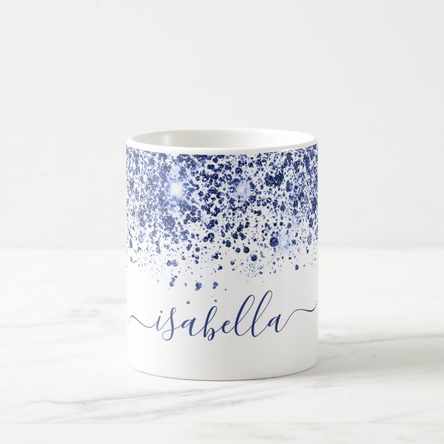 Caneca De Café Script de nome da brilho azul branco (Centro)