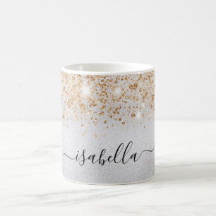 Caneca De Café Script de nome da brilho do ouro prateado