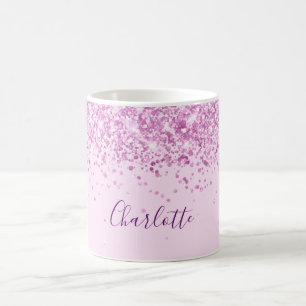 Caneca De Café Script de nome de confetti roxo pink