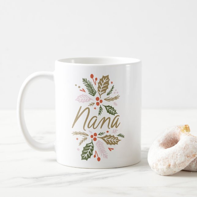 Caneca De Café Script Dourado de Natal Nana Bright Holly (Com Donut)