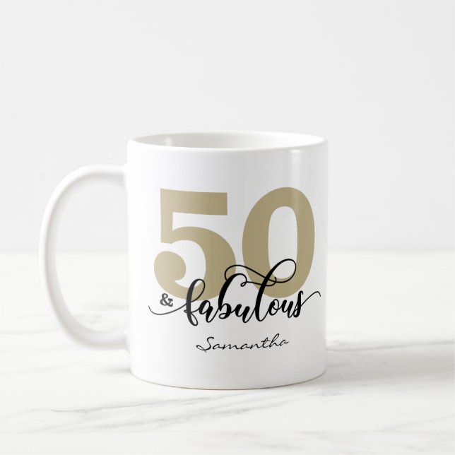 Caneca De Café Script Dourado preto 50 e aniversário fabuloso (Esquerda)