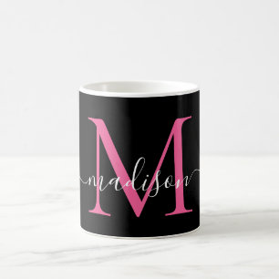Caneca De Café Script Elegante de Monograma Rosa-Quente-Preto
