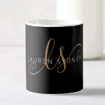 Caneca De Café Script Feminino Dourado Preto Moderno Monograma<br><div class="desc">Moderno Black Dourado Script Feminino Monograma de caneca. Personalize facilmente esta caneca elegante moderna com o seu monograma e nome personalizados.</div>