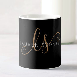 Caneca De Café Script Feminino Dourado Preto Moderno Monograma