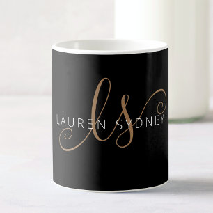 Caneca De Café Script Feminino Dourado Preto Moderno Monograma