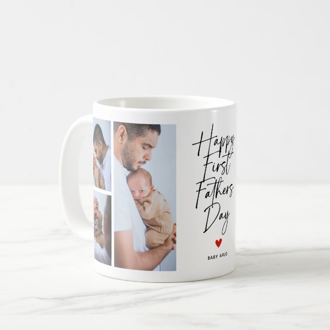Caneca De Café Script First Father's Day Photo Collage Gift (Frente Esquerda)