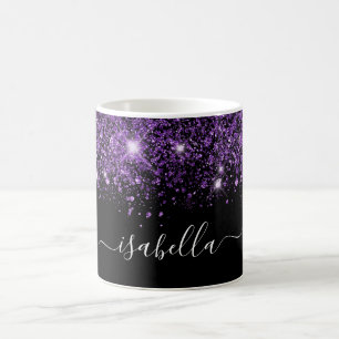 Caneca De Café Script glam de nome de brilho roxo preto