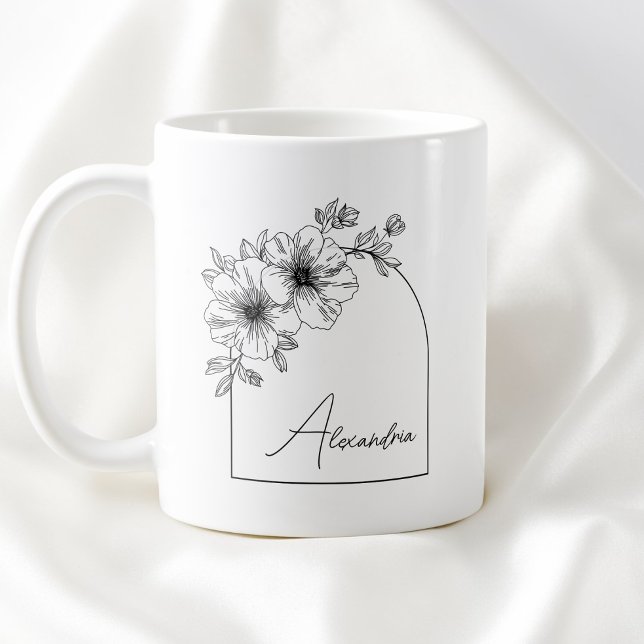 Caneca De Café Script Moderno Preto Belo Arco Floral Elegante (Modern Black Script Beautiful Arch Elegant Floral Coffee Mug)