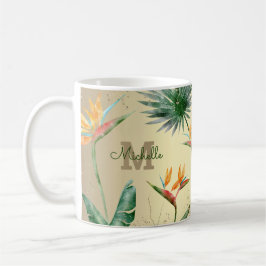 Caneca De Café Script Monograma Floral de Folhagem de Palma Tropi
