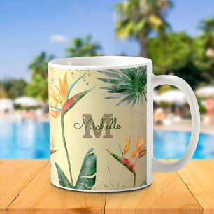 Caneca De Café Script Monograma Floral de Folhagem de Palma Tropi