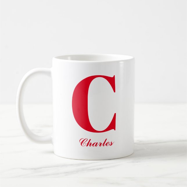 Caneca De Café Script Vermelho Personalizado Inicial e Mug de Nom (Esquerda)