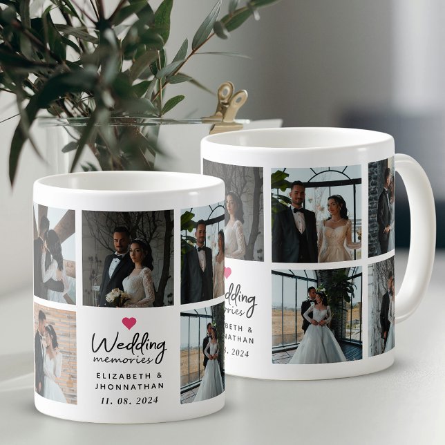 Caneca De Café Script Wedding Memories Heart Couple Photo Collage (Criador carregado)