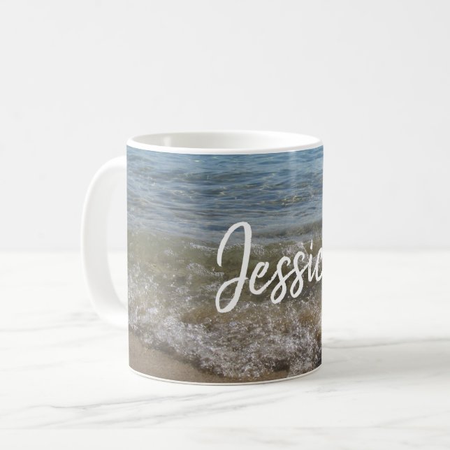 Caneca De Café Sea & Sand Beach Waves Nome Personalizado (Frente Esquerda)