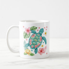 Caneca De Café Sea Turtle Tropical Flowers Summer