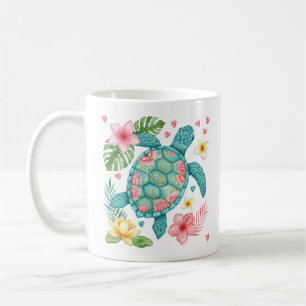 Caneca De Café Sea Turtle Tropical Flowers Summer