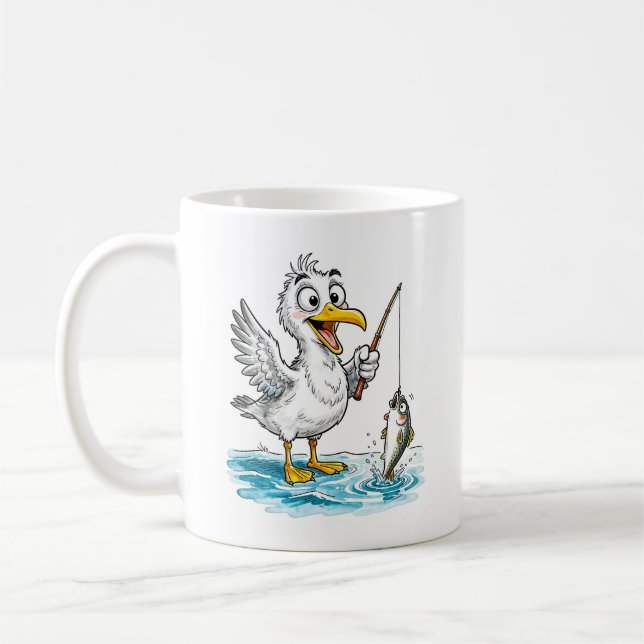 Caneca De Café Seagull Fishing with Rod in Shallow Water (Esquerda)
