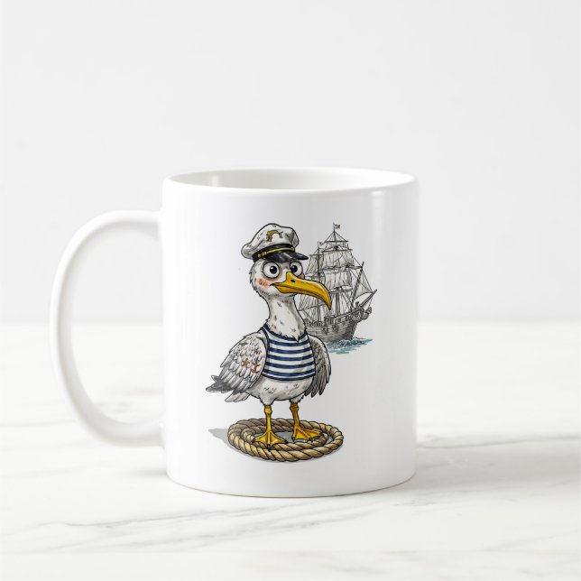 Caneca De Café Seagull Sailor with Rope and Ship Background (Esquerda)