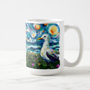 Caneca De Café Seagull Van Gogh Style Beach Sky Blue Teal