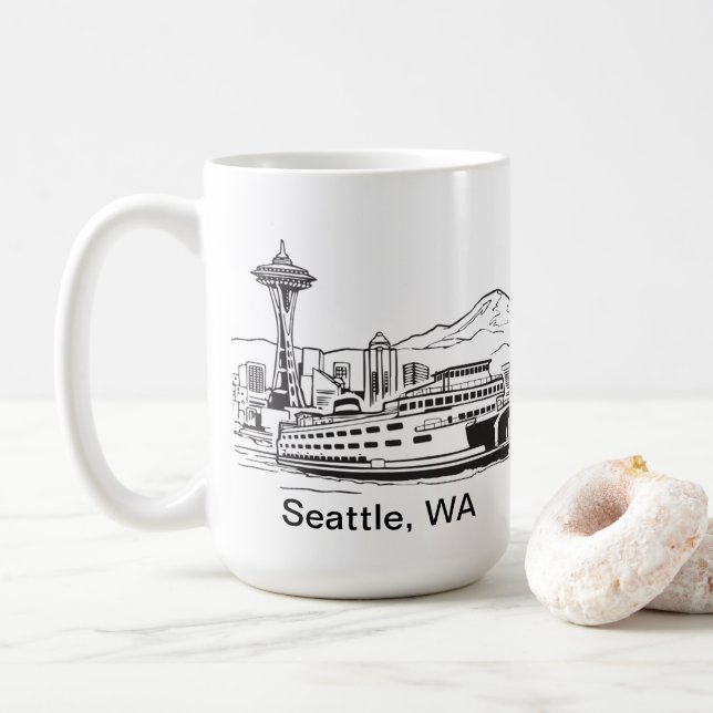Caneca De Café Seattle Ferry & Skyline Washington State Line Art (Com Donut)
