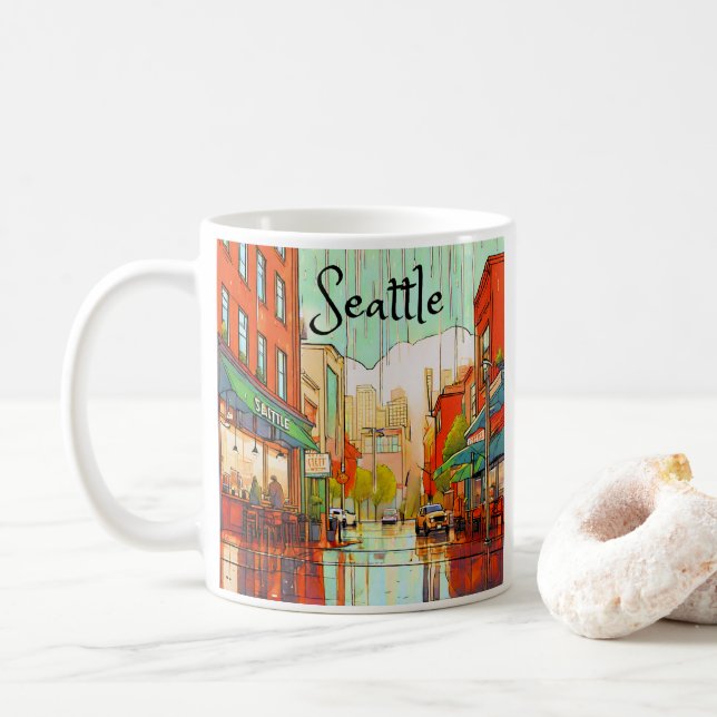 Caneca De Café Seattle sob a Chuva  (Com Donut)