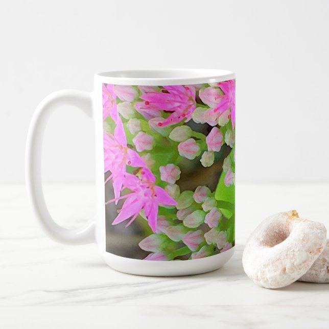 Caneca De Café Sedum Suculto Rosa Quente com Folhas Verdes Inchad (Com Donut)