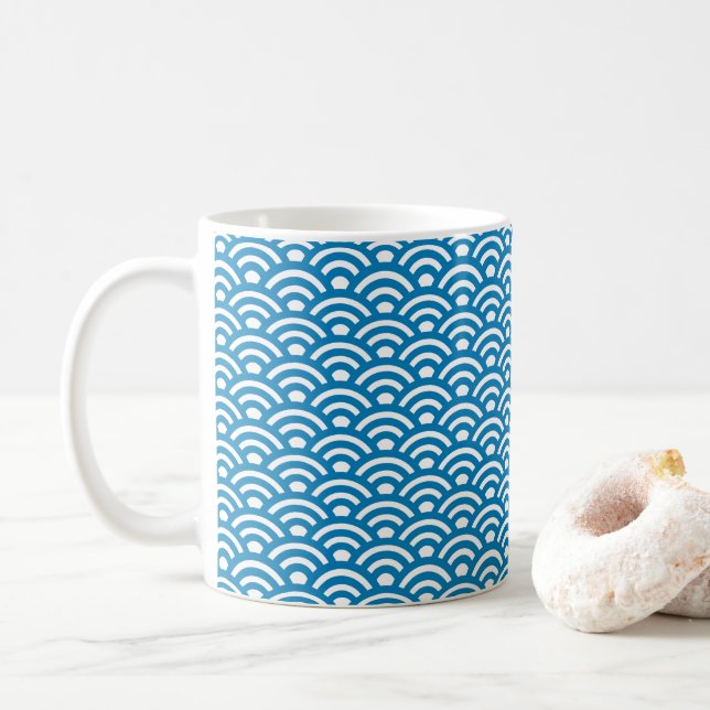 Caneca De Café Seigaiha, Ondas, Japonês, Azul e Branco (Com Donut)