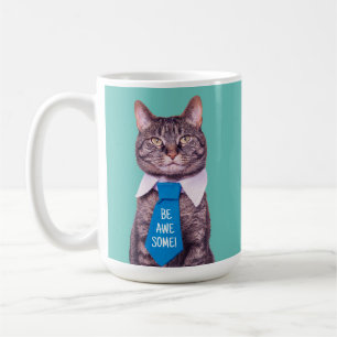 Caneca De Café "SEJA INCRÍVEL!" Gato com Gravata Azul, ou Sua Men