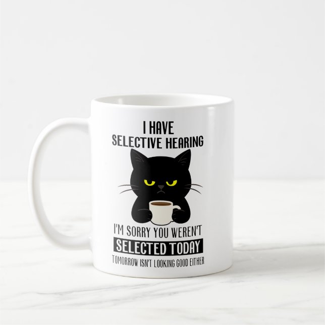 Caneca De Café Selective Hearing – Grumpy Black Cat Coffee Humor (Esquerda)