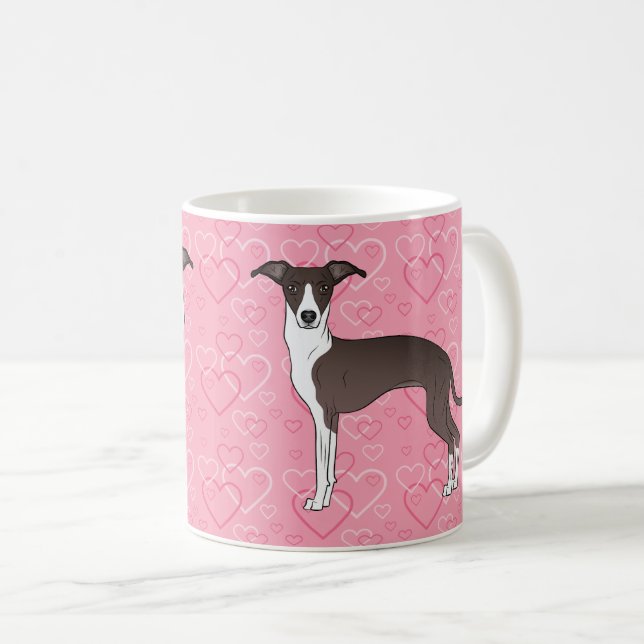 Caneca De Café Selo E Greyhound Italiano Branco Em Corações Rosa (Frente Esquerda)