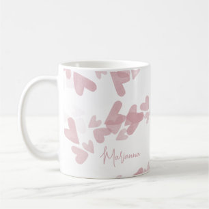 Caneca De Café Selos de Coração Aquarela Nome em Letra Pink