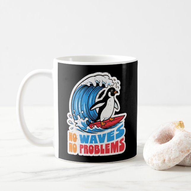 Caneca De Café Sem Ondas Sem Problemas Pinguim Engraçado Surfando (Com Donut)