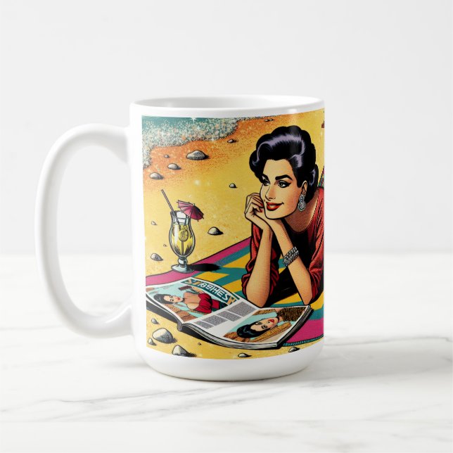 Caneca De Café Senhora retrô na praia sonhando com moda (Esquerda)