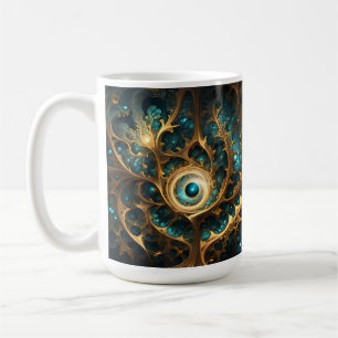 Caneca De Café Sentido De Arte Fractal Dourada E Teal,