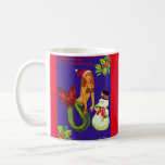 Caneca De Café Sereia com Snowman Christmas Mug<br><div class="desc">Sereia com Papai Noel e cauda verde e vermelha com Snowman Frosty</div>