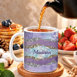Caneca De Café Sereia elegante com brilho em roxo turquesa monogr