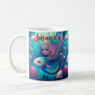 Caneca De Café Sereia nadando com peixes