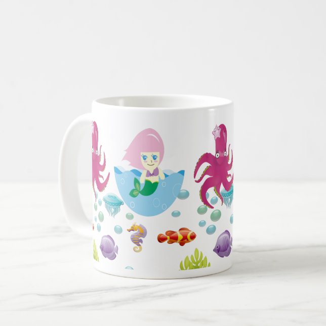 Caneca De Café Sereia Rosa Submarina e Fantasia Oceânica Octopus (Frente Esquerda)
