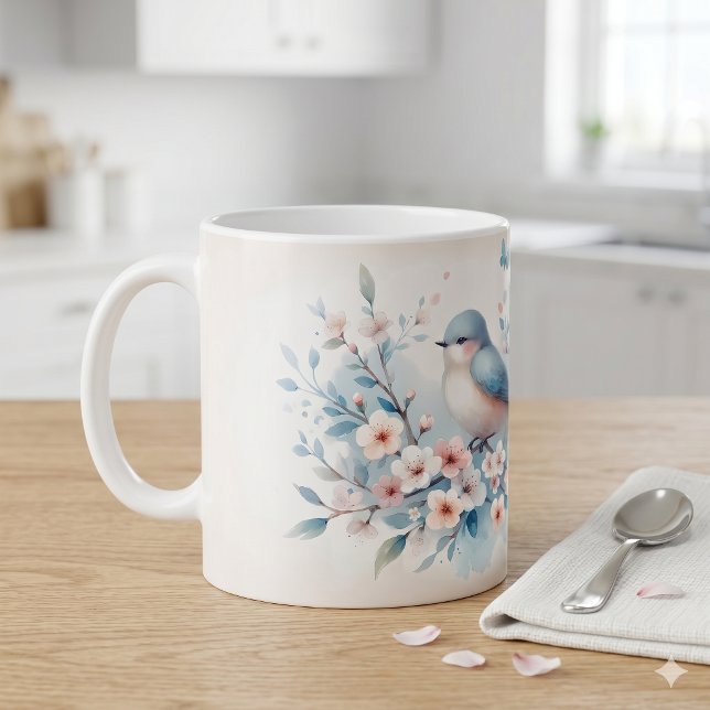 Caneca De Café Serenidade Aquarela Flor de Pássaro Azul (Bluebird Blossom Watercolor Serenity Coffee Mug)