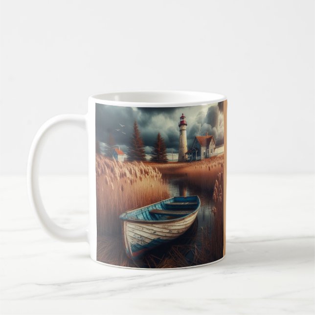 Caneca De Café Serenidade Costeira: Farol e Rowboat (Esquerda)