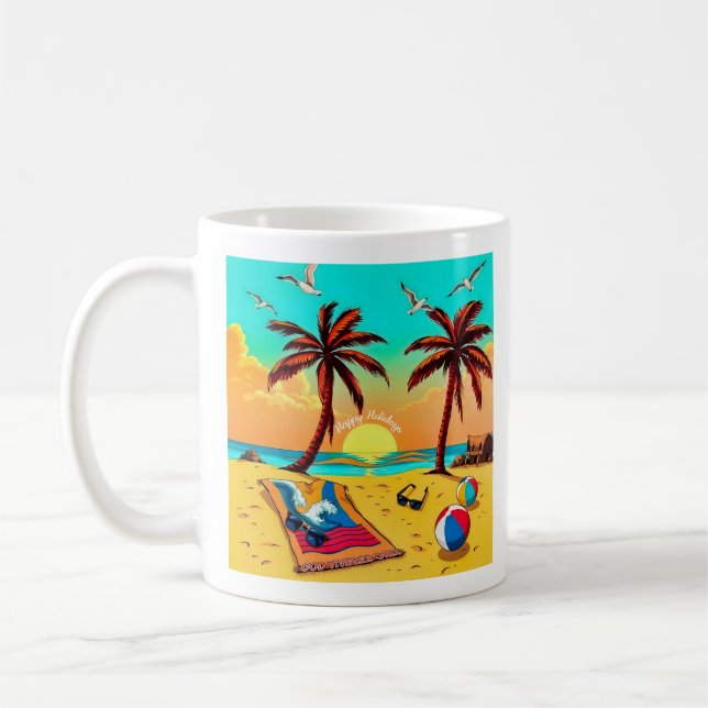 Caneca De Café Serenidade Sunset: Um Feriado Tropical de Praia (Esquerda)