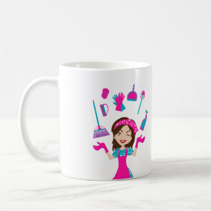 Caneca De Café Serviço de Limpeza de Casa Cartoon Cor Azul Rosa