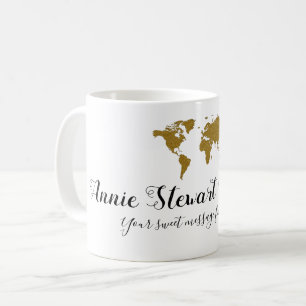 Caneca De Café seu nome escrito à mão + mapa do mundo + mensagem