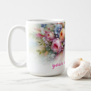 Caneca De Café Seu Texto Personalizado Pintura de Flores em Aquar
