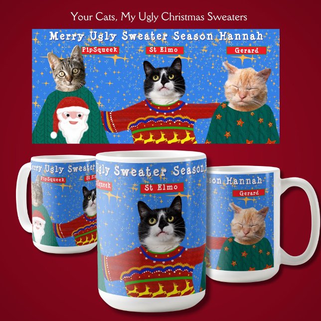 Caneca De Café Seus Três Gatos Vestem Fotos De Suéteres De Natal  (Your cats in funny Ugly Christmas Sweaters with easy to use customization photo templates. Unique )