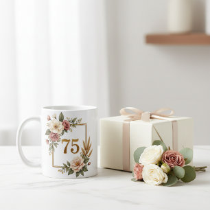 Caneca De Café Shabby Chic Floral Aniversário de 75 anos Moldura 