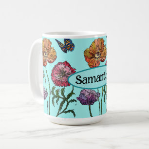 Caneca De Café Shabby Poppy Red Purple em Nome Personalizável Aqu