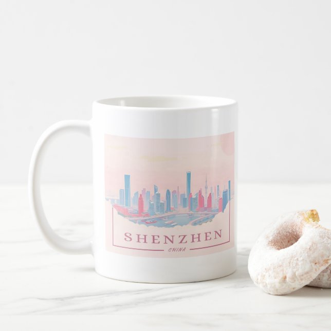Caneca De Café Shenzhen China Futurística Skyline Pastel Viagem (Com Donut)