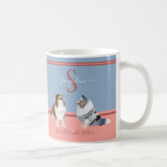 Caneca De Café Shetland Sheepdog, Sheldon, em Azul e Rosa (Direita)